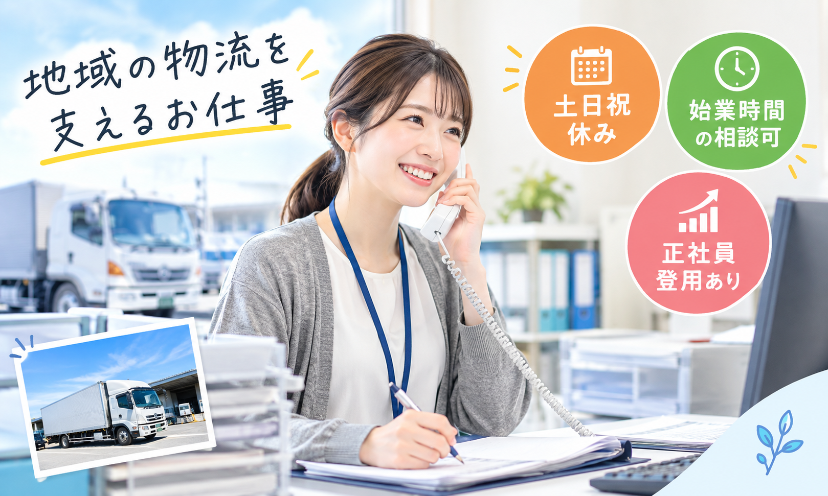 運送会社の事務（伝票作成・発着手配・取引先との電話対応）土日祝休み／始業時間の相談可／周南
