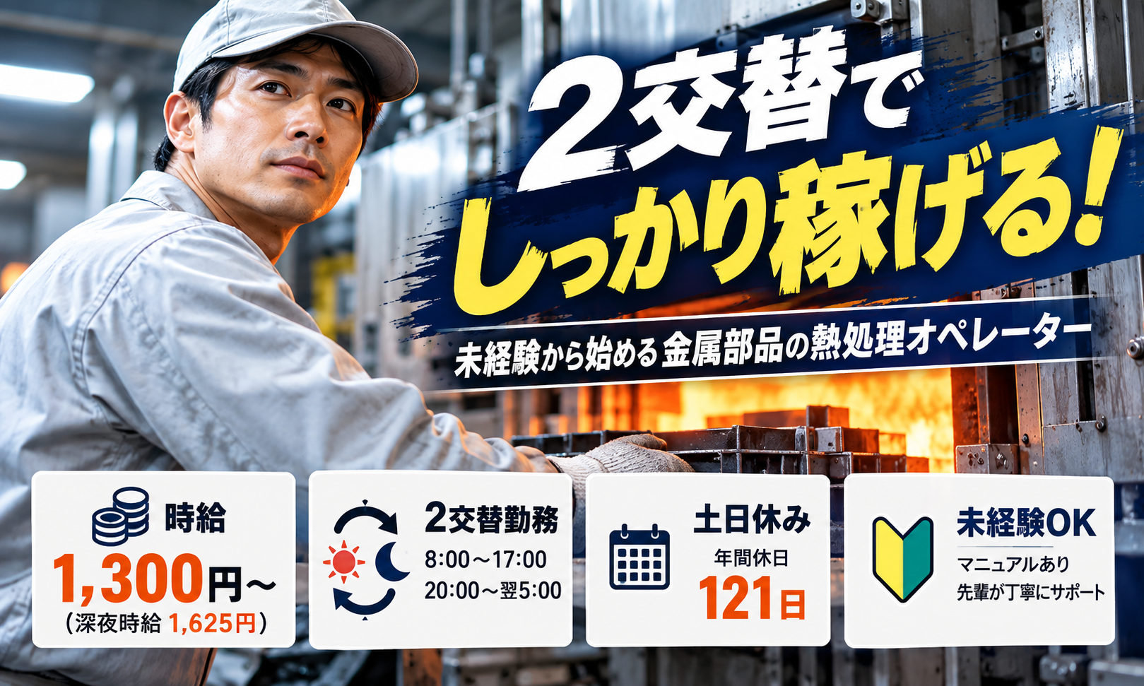 【二交替／土日休み／未経験OK】熱処理機のオペレーター（鉄製品のセット・取出し）／山陽小野田市