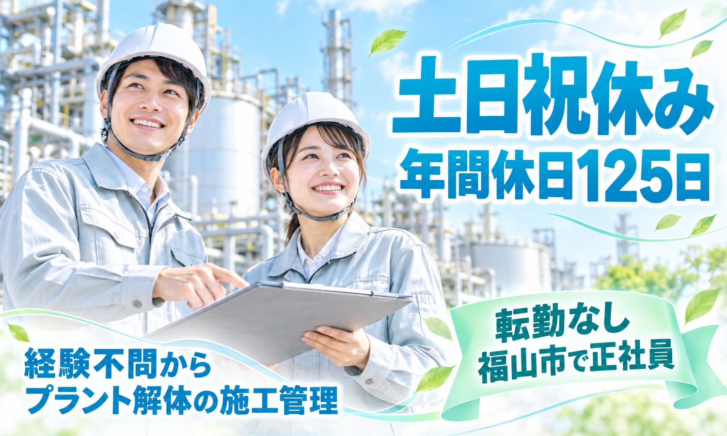 福山市のプラント設備を背に、ヘルメットと作業着の二人のスタッフが、タブレットとバインダーを手に空を見上げている（施工管理・設備保守管理・環境保全の求人イメージ）
