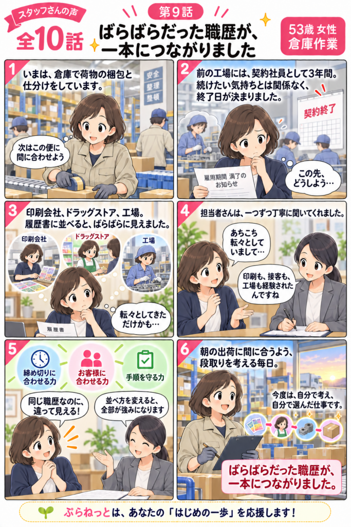第9話 ばらばらだった職歴が、一本につながりました(53歳 女性 倉庫作業)