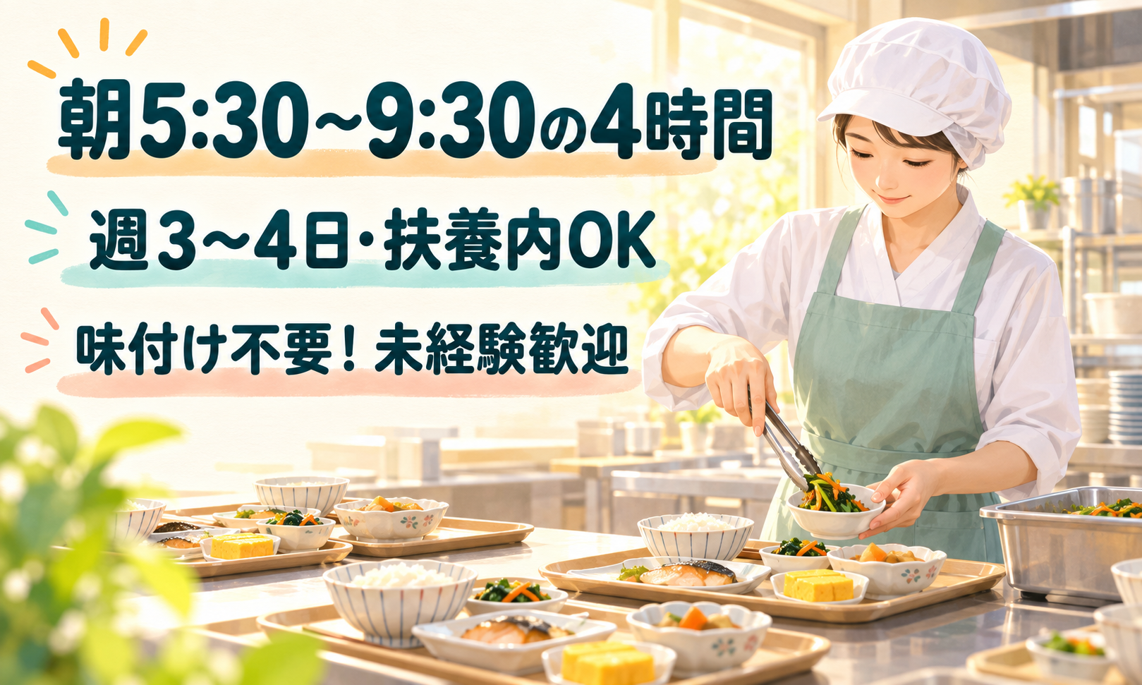 厨房で料理を盛り付ける女性スタッフと、配膳トレーに並んだ料理の写真。『朝5:30〜9:30の4時間』『週3〜4日・扶養内OK』『味付け不要！未経験歓迎』の文字入り