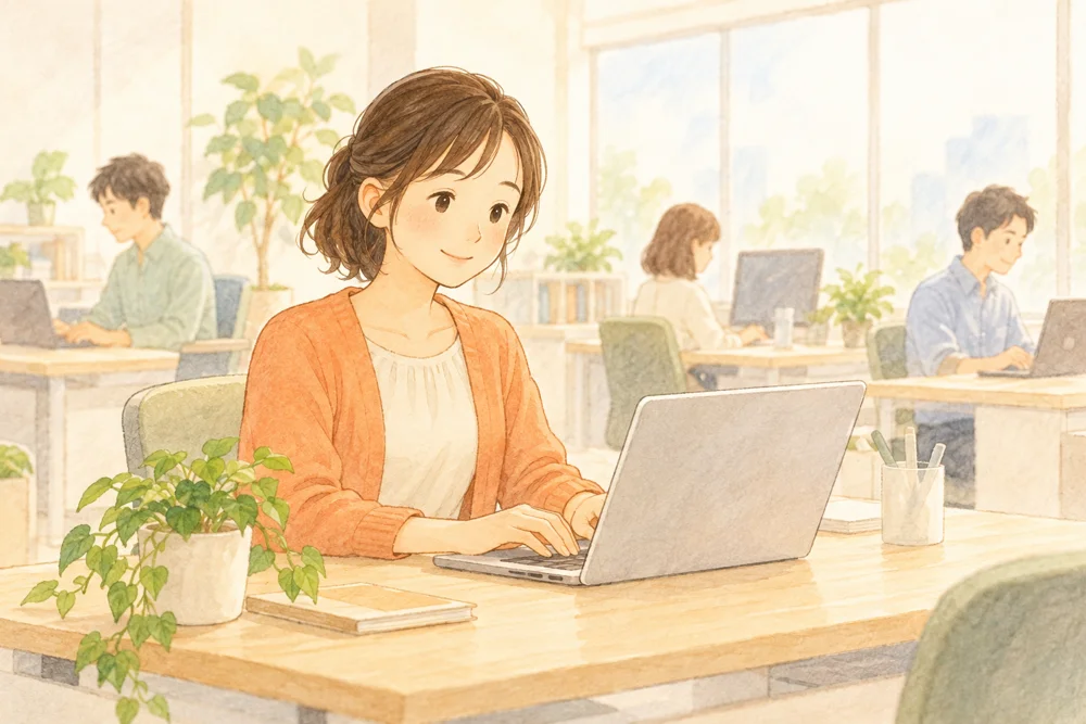 オフィスで自分のペースで働く様子のイラスト