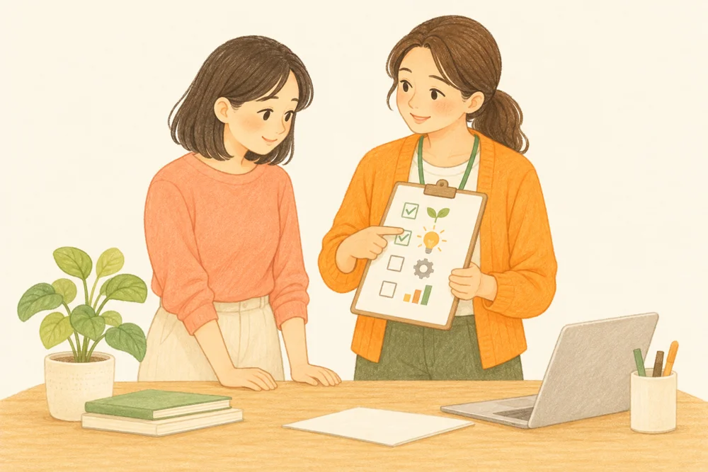 上司が手順を一緒に確かめながら働く様子のイラスト