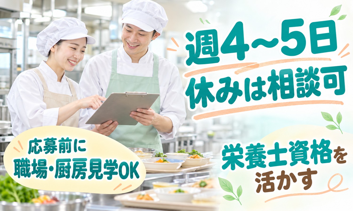 山口市の厨房で、調理帽と白衣のスタッフ2人がバインダーを見ながら打ち合わせ、手前には盛り付けた料理が並ぶ（株式会社ANNO-M（キッチン・はあと）・厨房の栄養士・管理栄養士の求人イメージ）