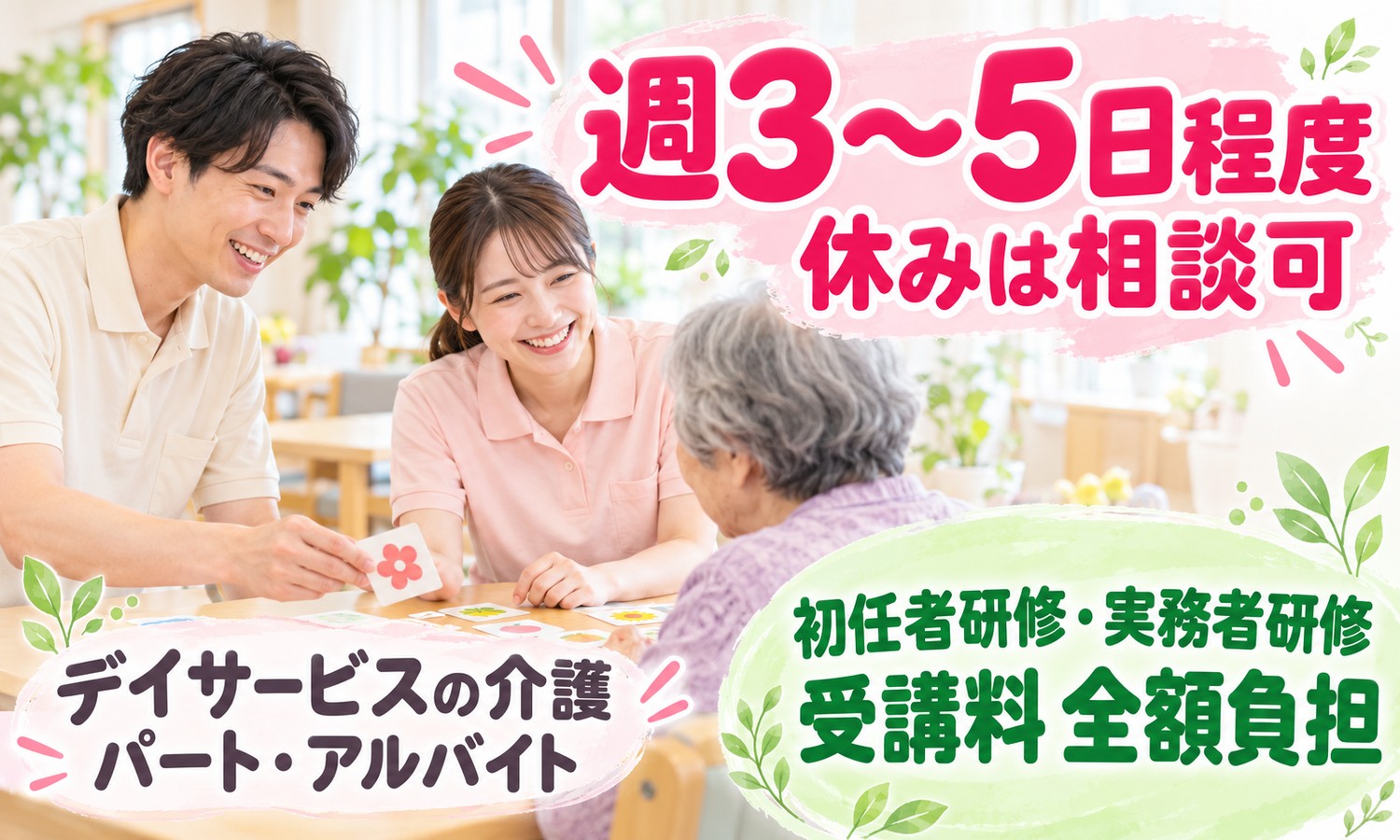 山口市のデイサービスで、介護スタッフ2人が、花の絵が描かれたカードを使ったゲームを利用者と一緒に楽しんでいる（社会福祉法人青藍会（ハートホーム宮野 脳活性リハビリ）・認知症対応型通所介護の介護職員の求人イメージ）