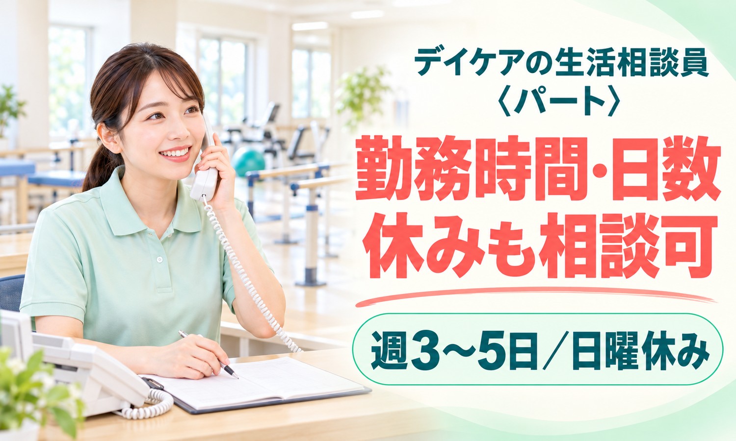 山口市のデイケアで、受話器を持つスタッフが、机の書類にメモを取りながら笑顔で応対する。奥に運動器具が並ぶ（医療法人社団 青藍会（ハートホーム山口（通所リハビリテーション））・デイケアの生活相談員の求人イメージ）