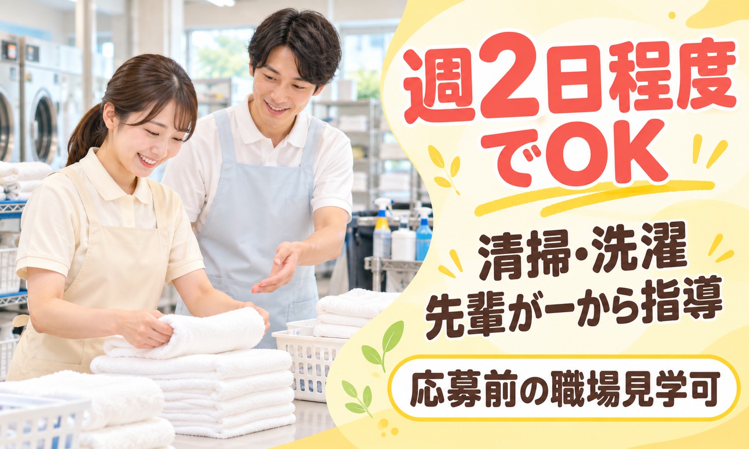 山口市の施設で、エプロン姿のスタッフ2人が洗濯かごのそばに積んだ白いタオルを整える（株式会社ANNO-M（ハートホーム小郡 あんしんホーム）・介護施設の清掃スタッフの求人イメージ）