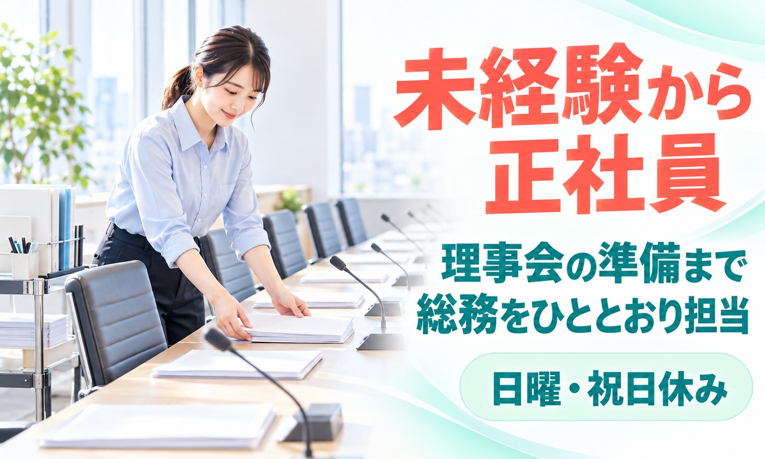 山口市の会議室で、スタッフが長机に書類を並べて、会議の準備を整えている（株式会社ANNO（本部）・総務スタッフの求人イメージ）