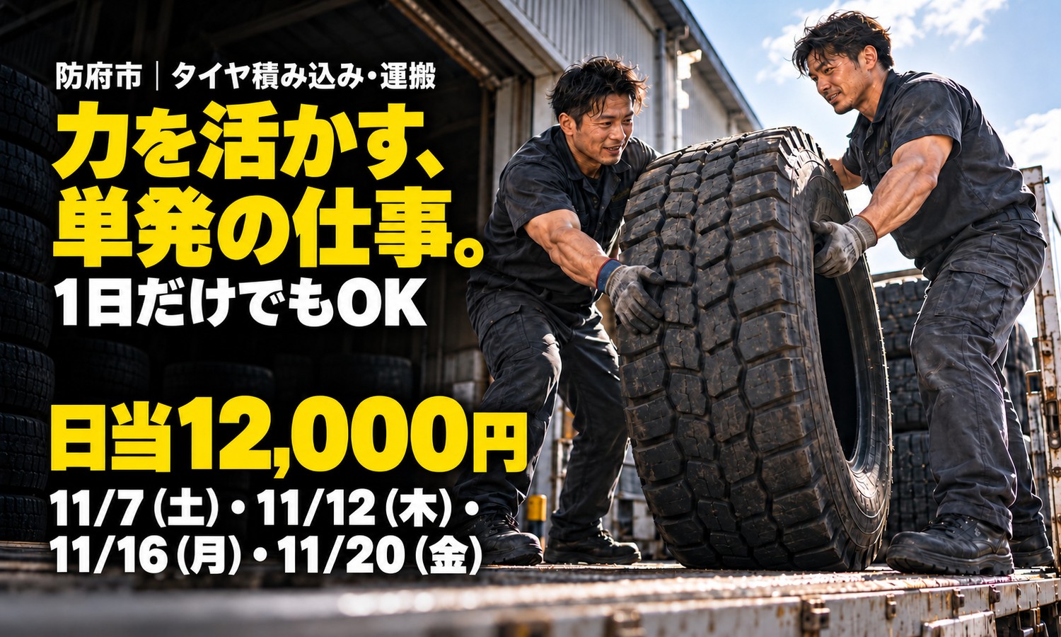 トラックの荷台で、作業服と手袋の2人が大型タイヤを起こして運ぶ様子。日当12,000円・11/7（土）・11/12（木）・11/16（月）・11/20（金）の単発、タイヤ積み込み・運搬スタッフ（防府市）の求人画像