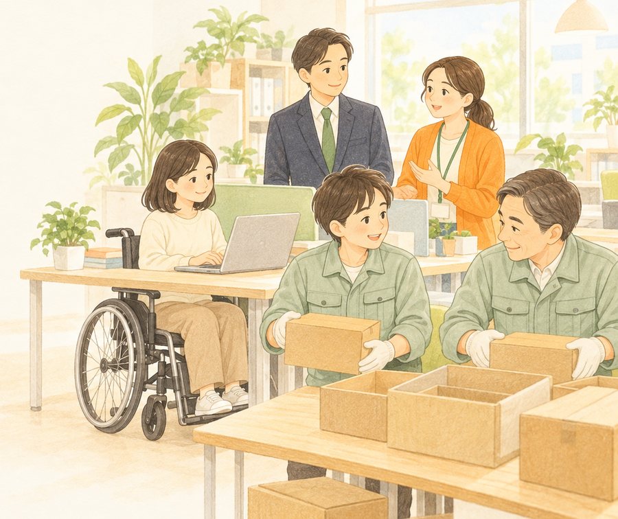 車いすの社員や作業着の社員が一緒に働き、経営者と相談員が見守る職場のイラスト