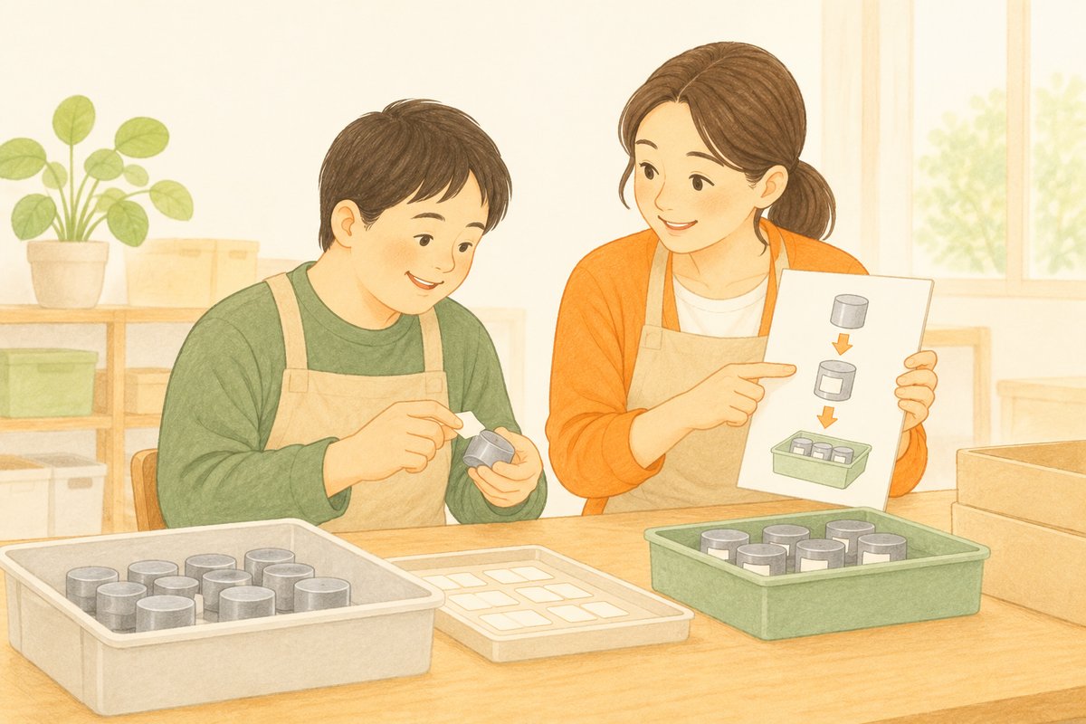 先輩社員が手順表を見せながら、障がいのある社員と一緒に仕分け作業をしている様子