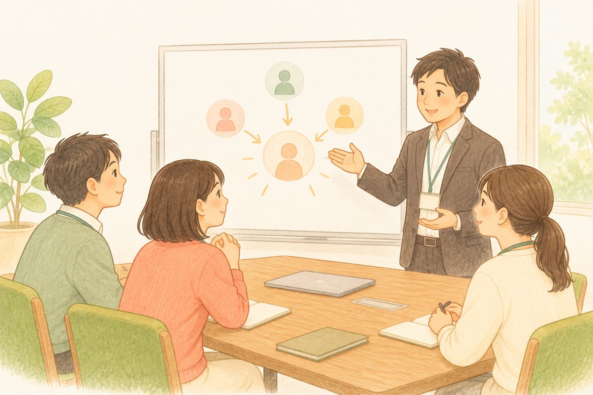 受け入れの準備として、管理職が社員に説明している研修の様子