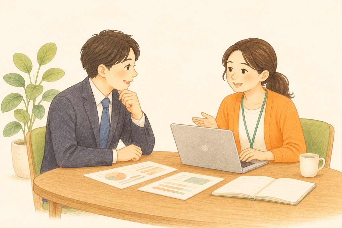 企業のご担当者と相談員がテーブルで話している様子
